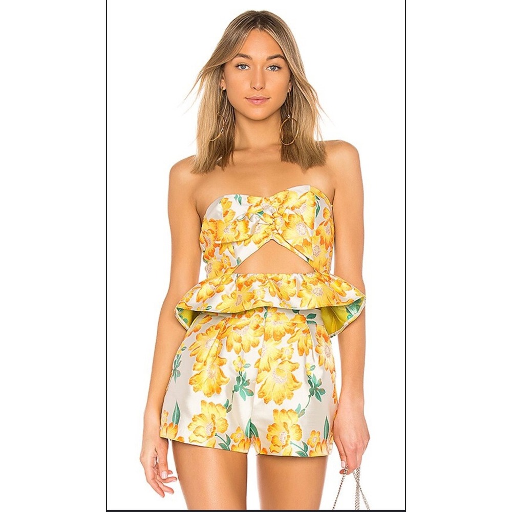 Endless Rose Floral sweetheart Peplum Cutout Crop Top Yellow Small